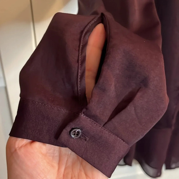 REITMANS women M multilayer blouse  wine burgundy bib style roll-up sleeve sheer - Picture 6 of 12